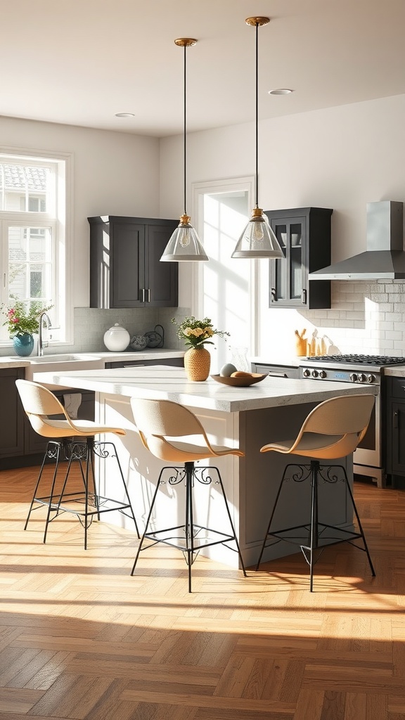A modern kitchen with a peninsula featuring stylish bar stools, showcasing a blend of comfort and design.