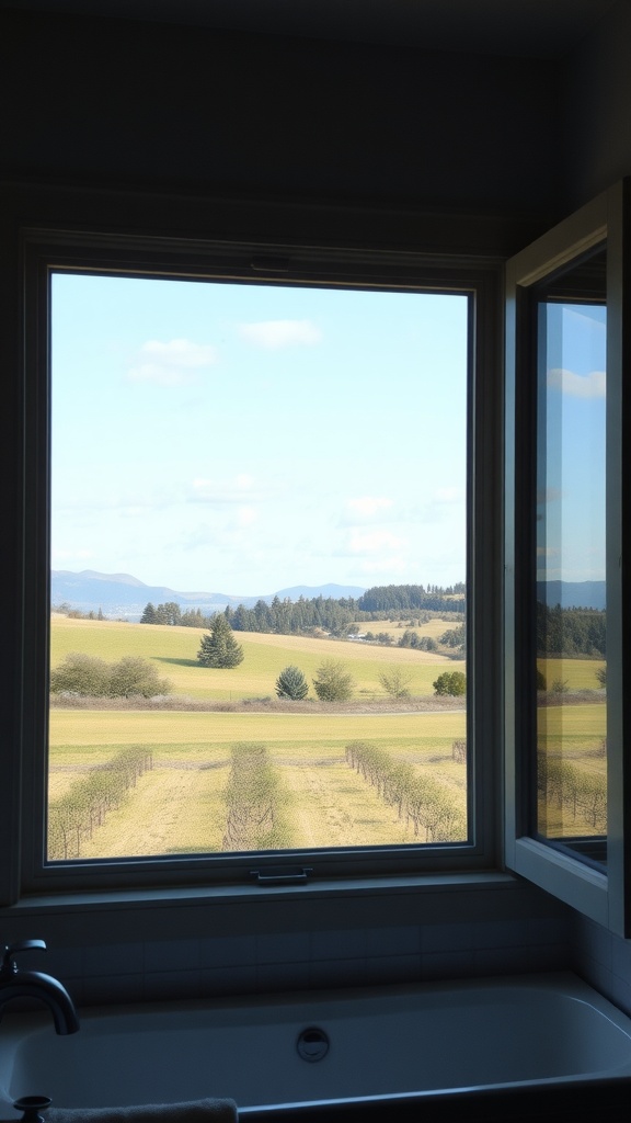 A view from a farmhouse bathroom window showing rolling hills and vineyards