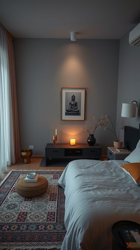 A serene master bedroom with soft bedding, a cozy rug, and warm lighting.