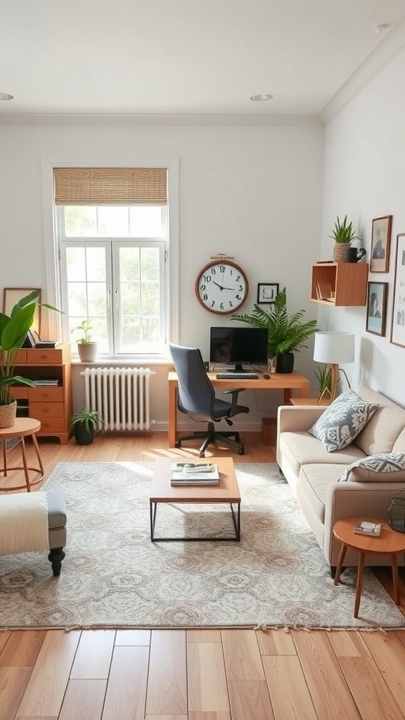 A cozy home office with plants, a desk by the window, and comfortable seating.