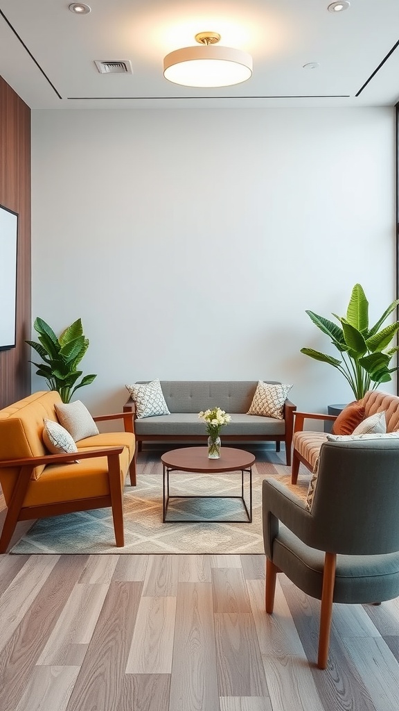 A modern meeting space featuring orange and gray furniture, plants, and a round table.