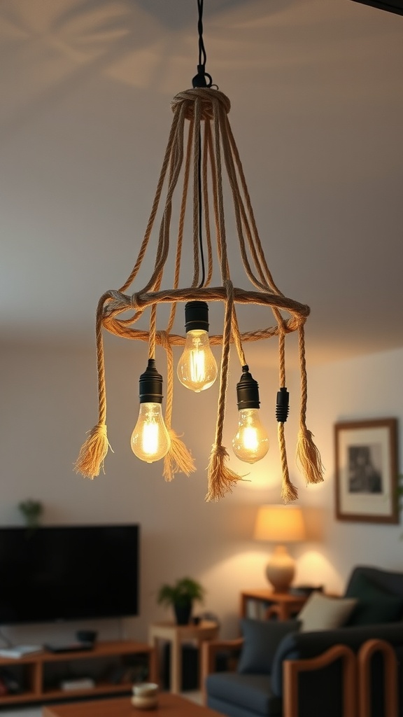 A hanging light fixture with threaded ropes and light bulbs, showcasing a bohemian design.