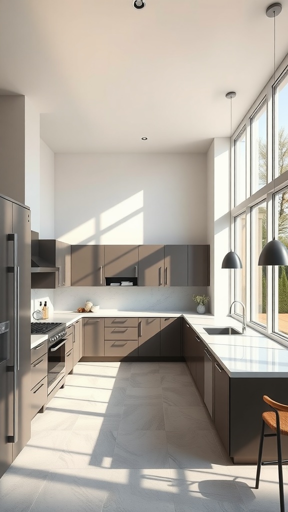 A modern U-shaped kitchen with three-toned cabinetry and large windows