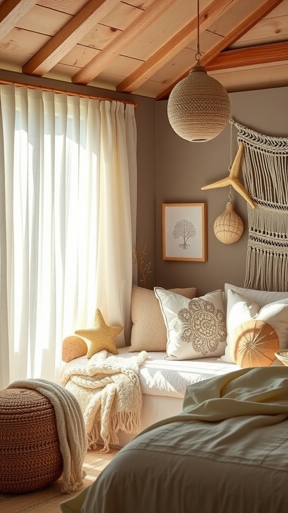 A cozy corner featuring a bed with soft linens, decorative pillows, and a pouf, illuminated by natural light.