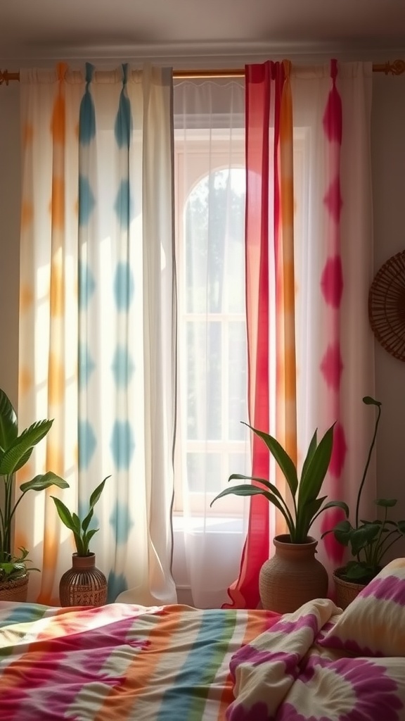 Colorful tie-dye sheer curtains in a boho themed bedroom with plants and a vibrant bedspread.