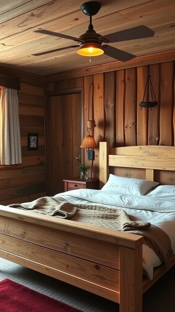 Cozy rustic bedroom featuring a timber bed frame, wooden walls, and warm lighting.