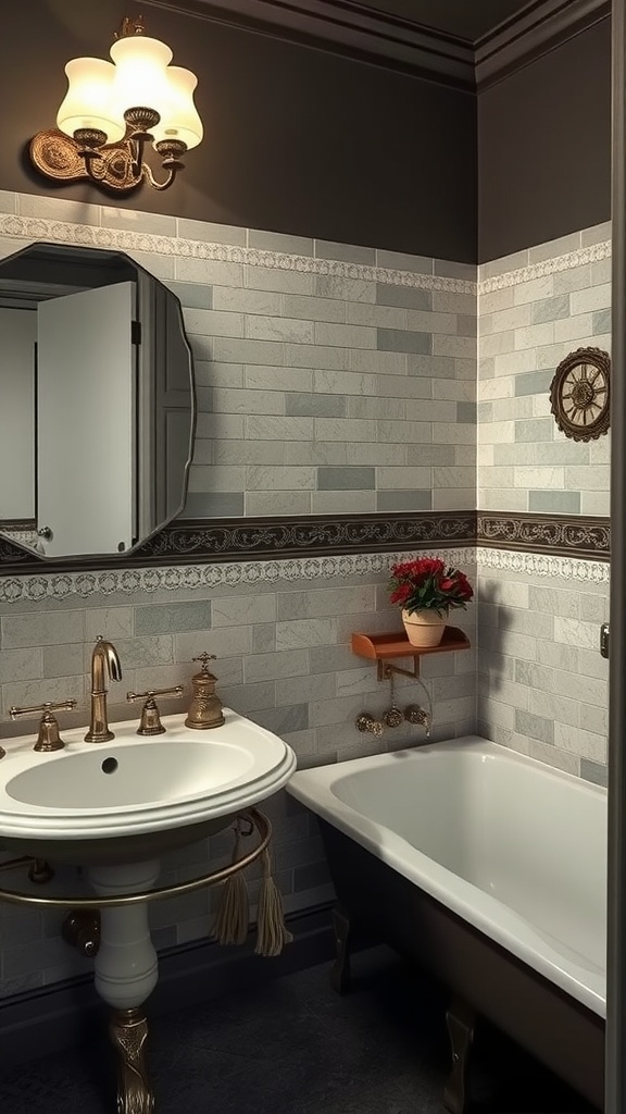 A vintage bathroom featuring marble-textured walls, a classic sink with golden details, a sleek bathtub, and warm lighting.