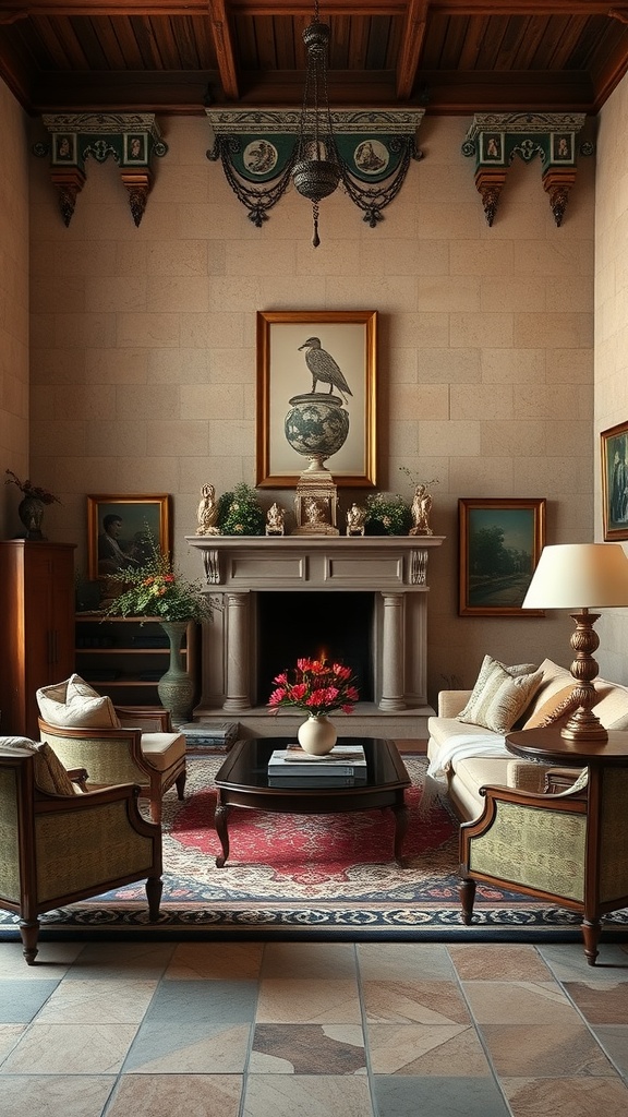 A living room featuring a blend of Mediterranean and Gothic design styles with a wooden ceiling, elegant furniture, and decorative art.
