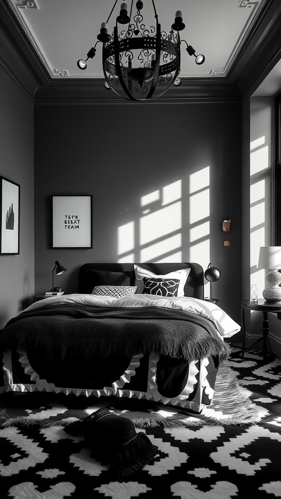 A dark and moody bedroom featuring a black and white color scheme, with a stylish bed, elegant chandelier, and patterned rug.