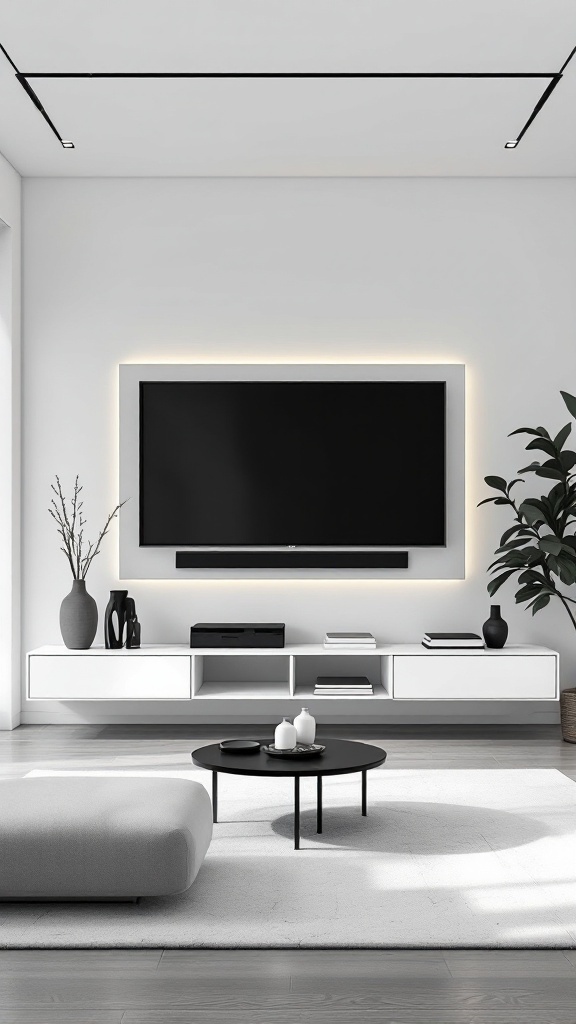 A modern living room with a black TV on a white wall, featuring a minimalist design and a round coffee table.