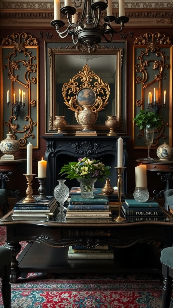 Elegant coffee table with books and candles in an opulent living room