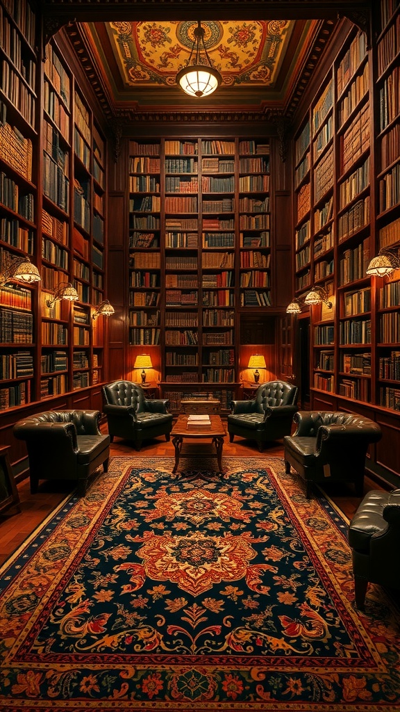 A classic library with dark wooden shelves, leather chairs, a wooden table, and a vintage rug featuring floral patterns.