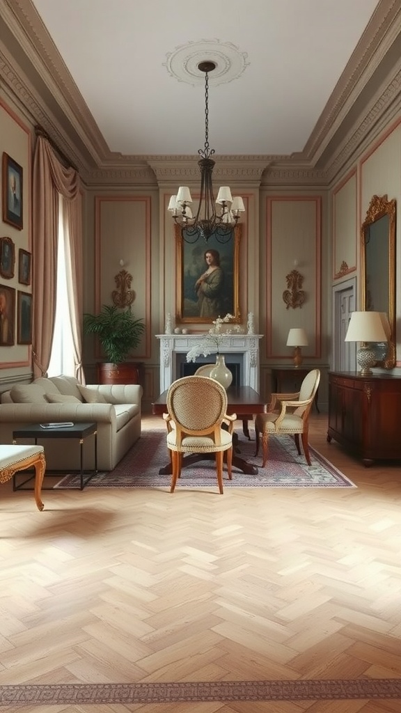 Cozy living room and dining room combo with antique furniture and elegant decor.