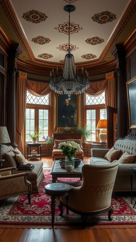 An opulent old-world aesthetic living room featuring ornate furnishings, a chandelier, and large windows.