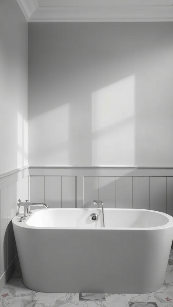 A modern gray bathtub surrounded by light gray walls and marble flooring, creating a fresh and timeless bathroom look.