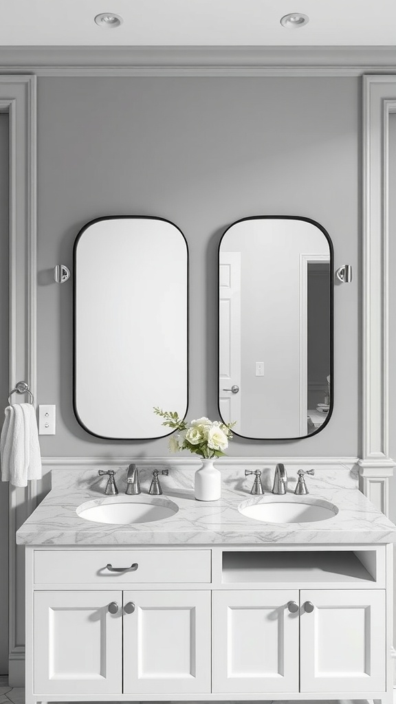 A stylish gray and white bathroom featuring two modern wall mirrors above a double sink vanity with a marble countertop.