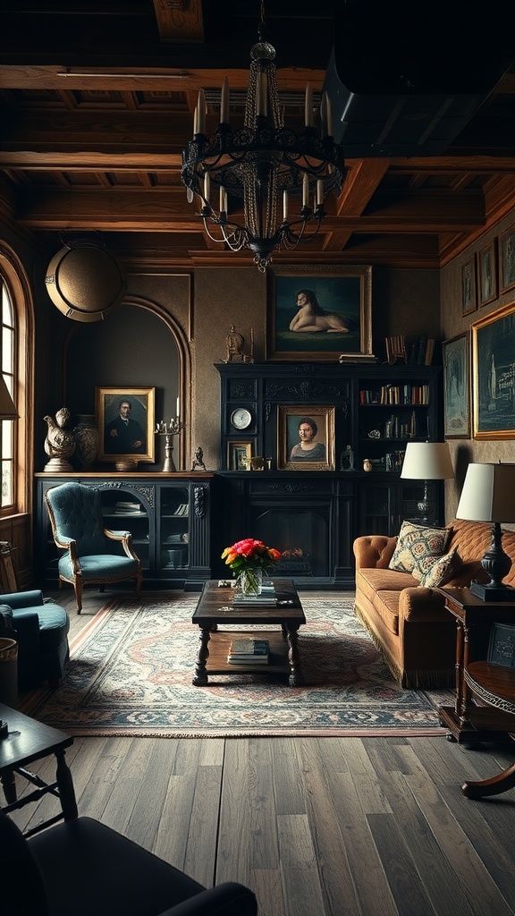 A living room featuring Gothic elements with modern furniture, showcasing a chandelier, framed portraits, and a floral centerpiece.