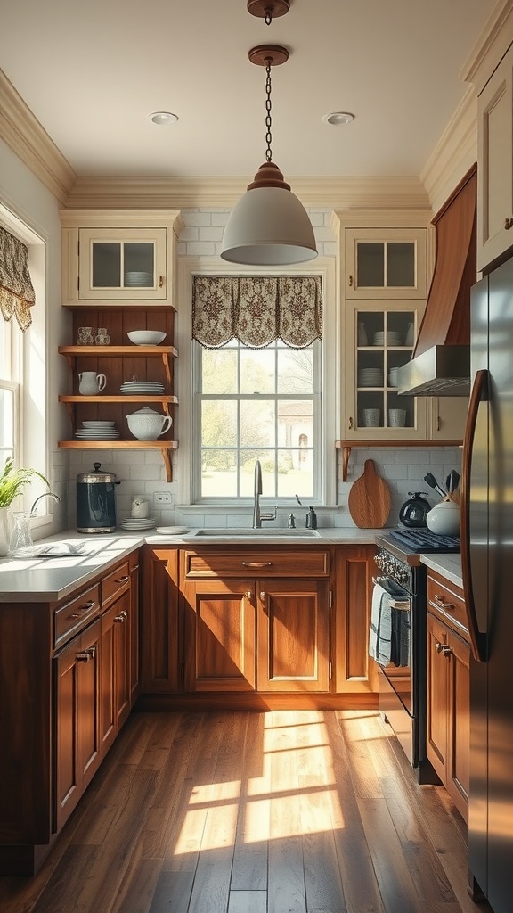 A cozy kitchen with walnut lower cabinets and cream upper cabinets, featuring natural light and open shelving.