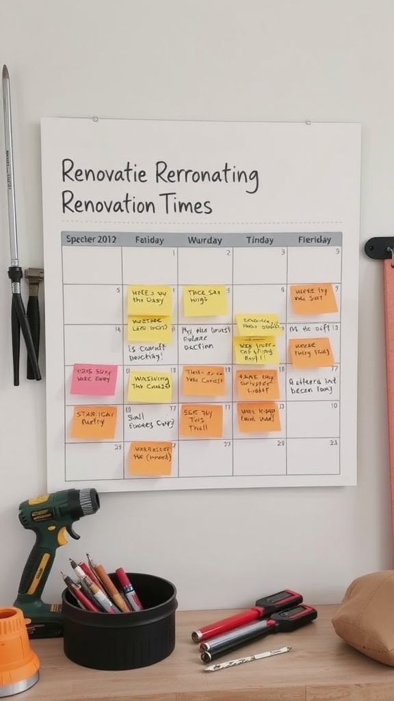 A calendar titled 'Optimal' with dates marked, surrounded by various tools for a kitchen renovation.