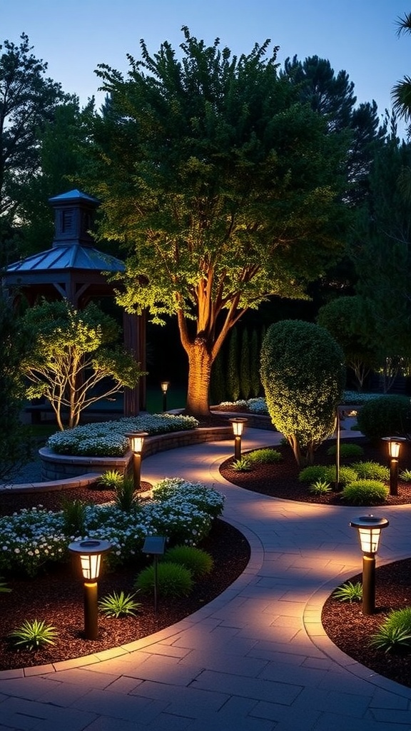 A beautifully lit garden path featuring solar uplighting along the walkway, surrounded by trees and shrubs.