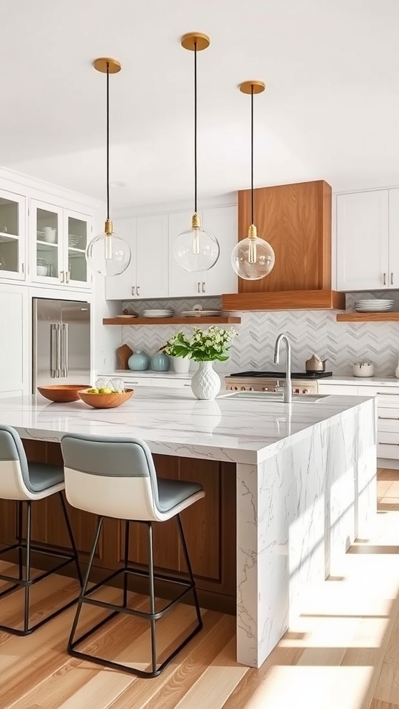 A modern kitchen peninsula with a large overhang, featuring a marble countertop and stylish bar stools