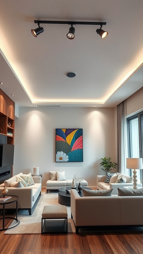 A modern living room featuring track lighting with warm tones and contemporary decor.