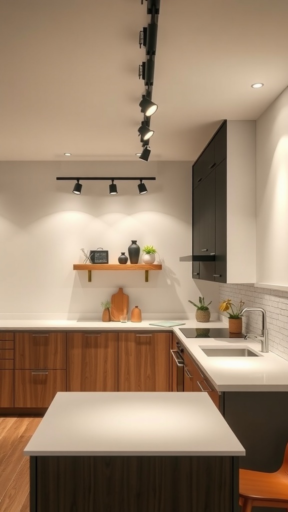 Modern kitchen with track lighting illuminating wooden cabinets and countertop.