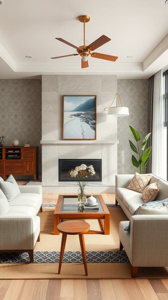 A cozy living room with a fireplace, comfortable seating, and a stylish coffee table.