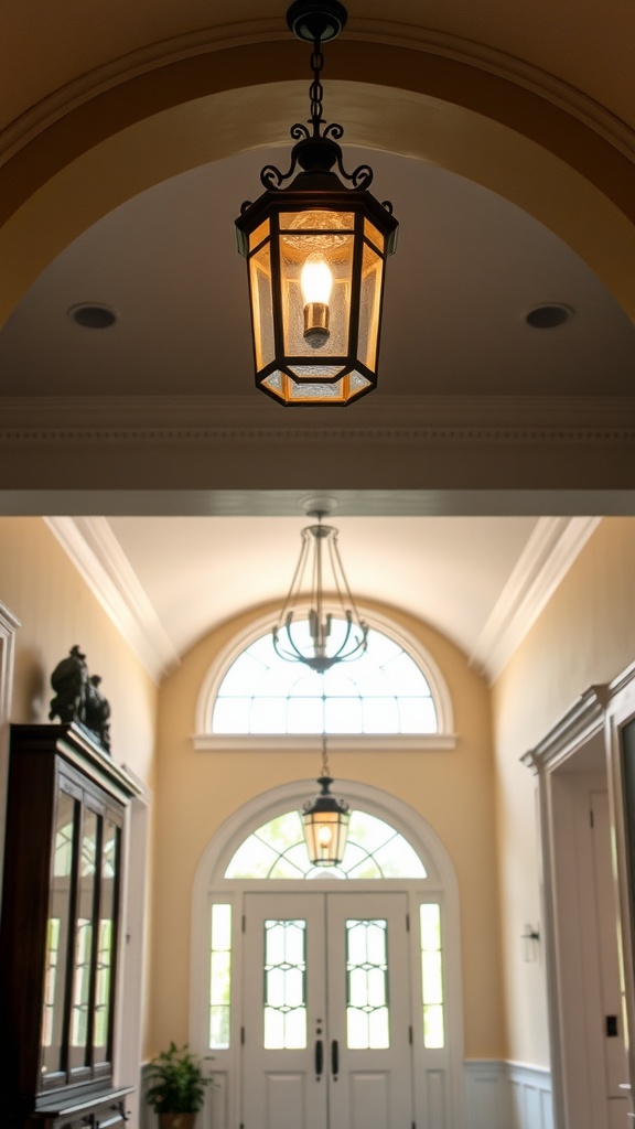 A traditional arched ceiling light in a hallway, illuminating the space with a warm glow.