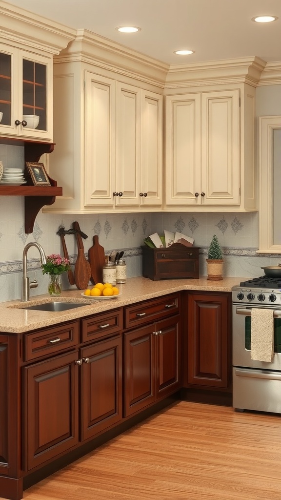 A kitchen featuring traditional cherry and ivory two-toned cabinets, with a warm and inviting design.