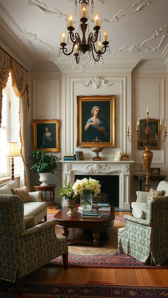 A classy living room featuring an ornate chandelier, classical paintings, and patterned armchairs, embodying traditional decorative elements.