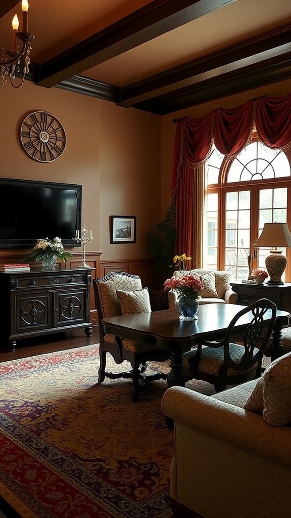 Cozy living room dining room combo with classic furniture and warm tones