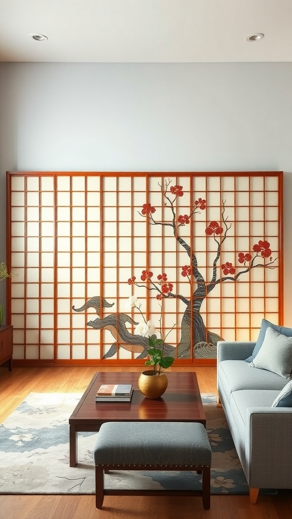 A traditional Japanese shoji screen with a tree design in a modern living room setting