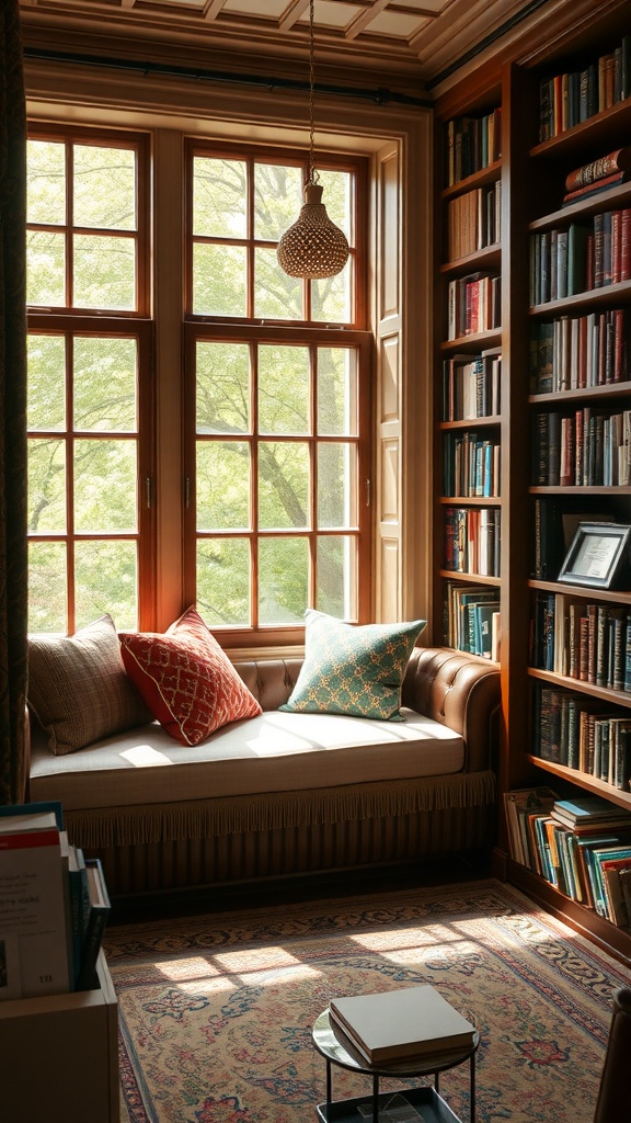 A cozy window seat in a traditional library with colorful pillows, bookshelves, and warm light.