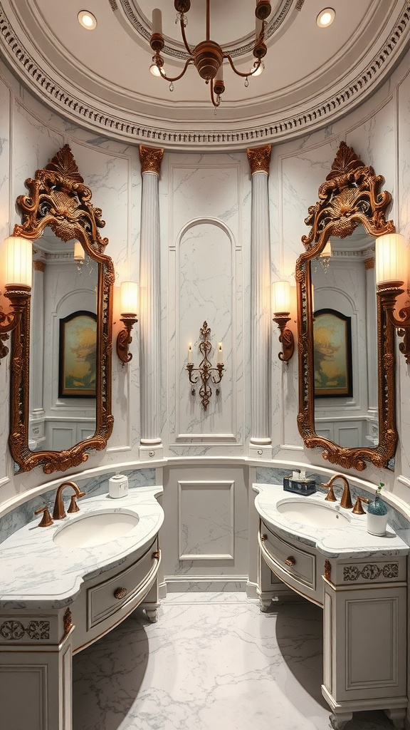 Luxurious bathroom with marble walls, double sinks, ornate mirrors, and elegant lighting.