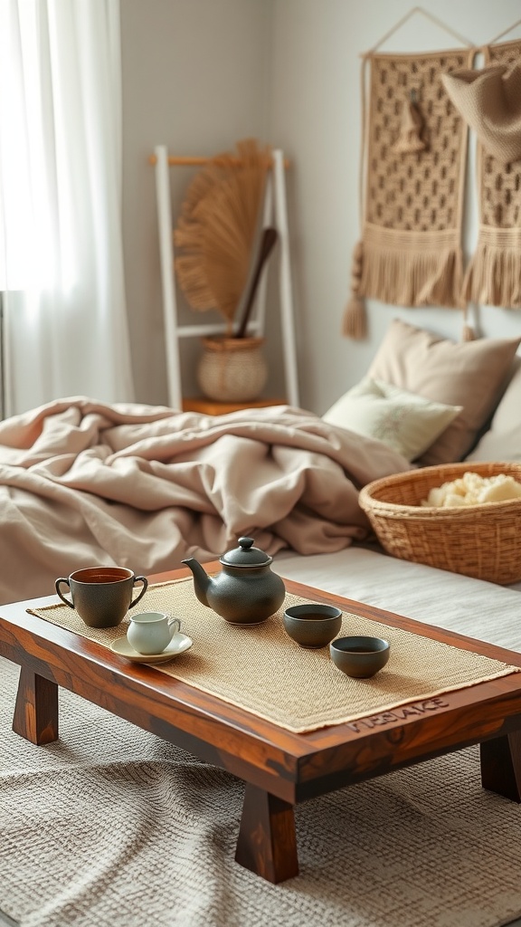 A traditional Japanese tea set displayed on a wooden table in a cozy bedroom setting.