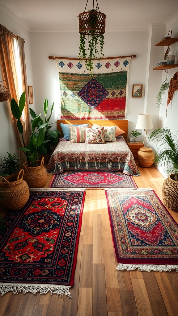 A Boho style bedroom featuring traditional rugs, plants, and a cozy bed.