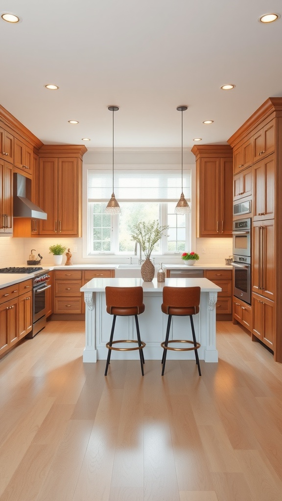 A traditional U-shaped kitchen featuring wooden cabinets, a central island with bar stools, and ample natural light.