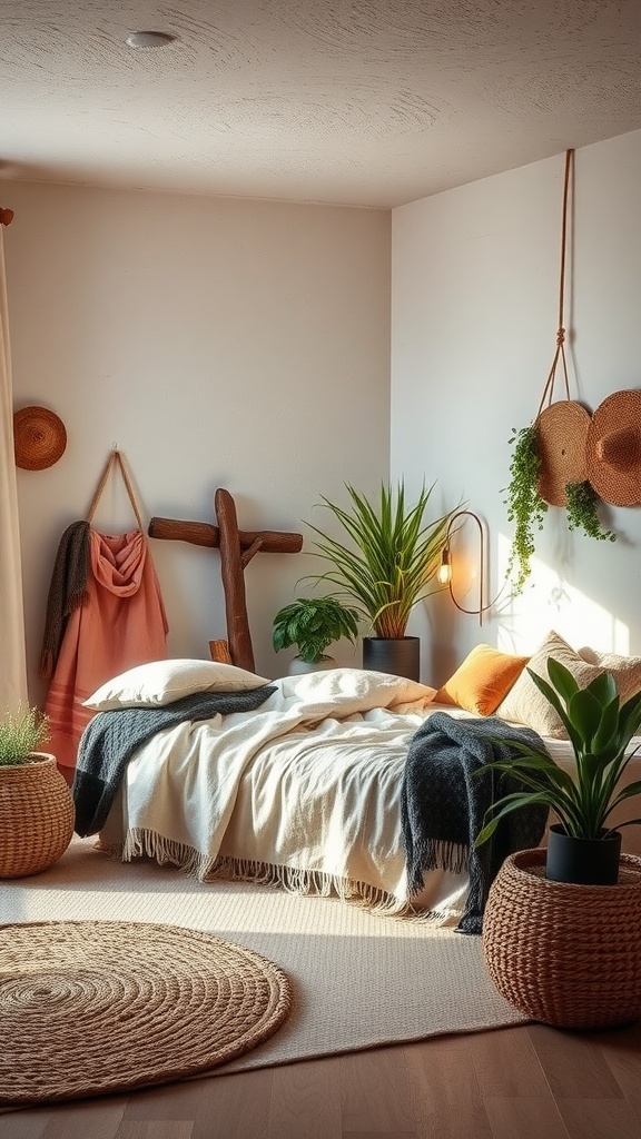 Cozy boho style bedroom with plants, warm lighting, and soft textures.