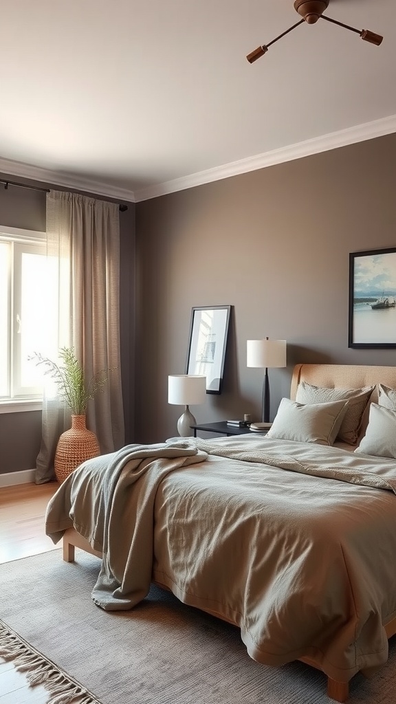 A tranquil dark taupe bedroom featuring a soft bed, natural light, and calming decor.