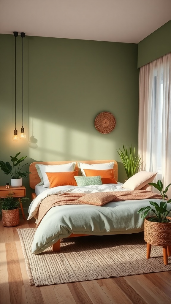 A tranquil bedroom featuring green walls, a bed with colorful pillows, plants, and pendant lighting.