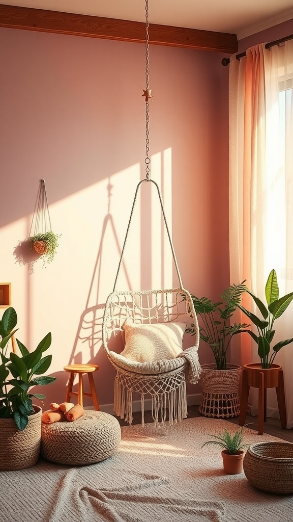 Cozy Pink Boho Style Bedroom with macramé chair and plants