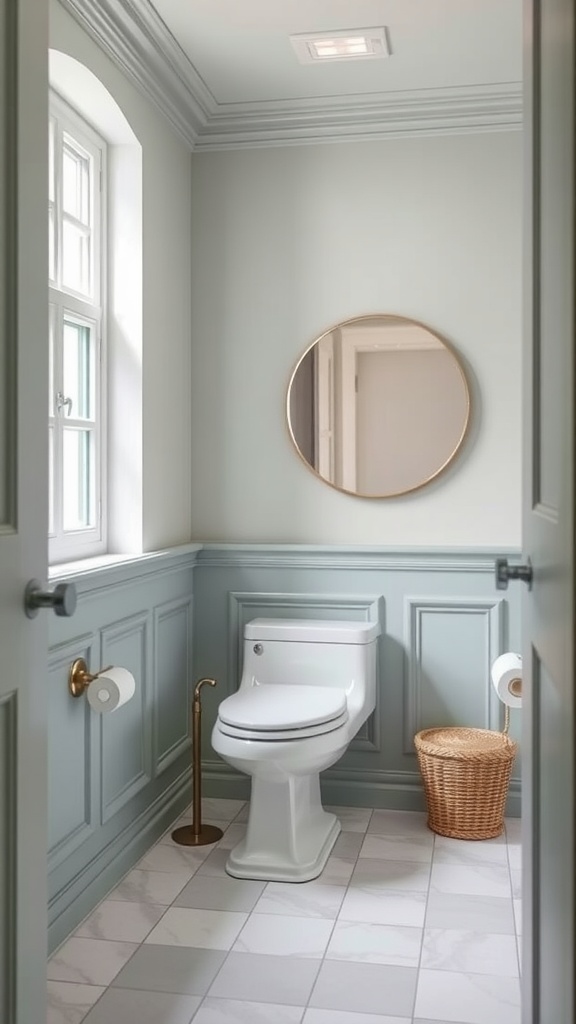 A serene bathroom featuring seafoam green walls and light gray accents.