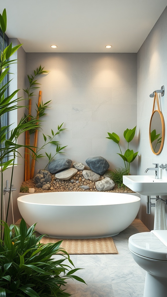 A serene bathroom featuring a Zen garden wall with stones, bamboo, and plants, creating a calming atmosphere.