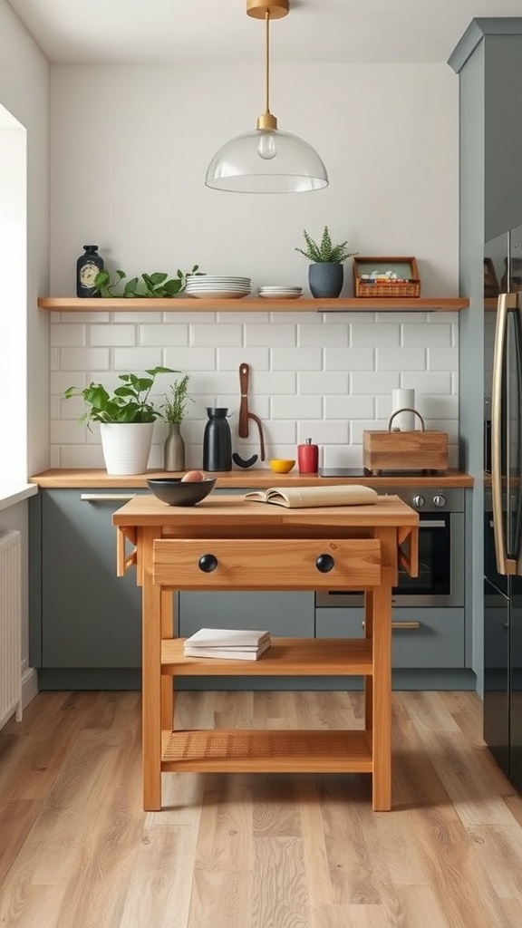 Foldable kitchen island with wooden finish in a small kitchen