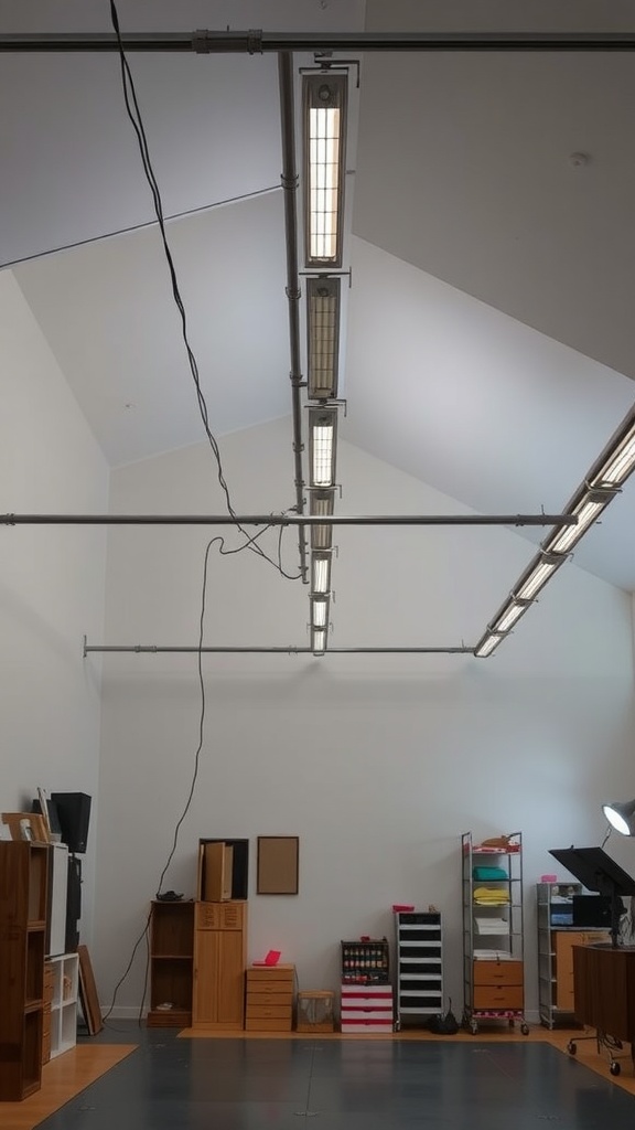 Image of a room with magnetic lighting systems on the ceiling, showcasing practical low ceiling lighting ideas.