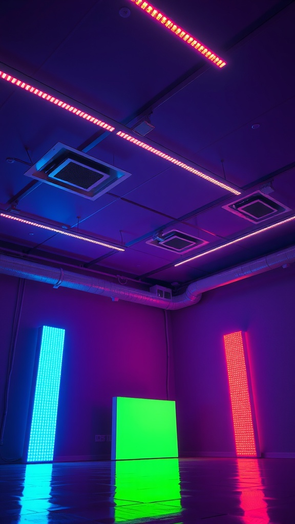A room with colorful LED lights on the ceiling and walls, showcasing modern lighting design.