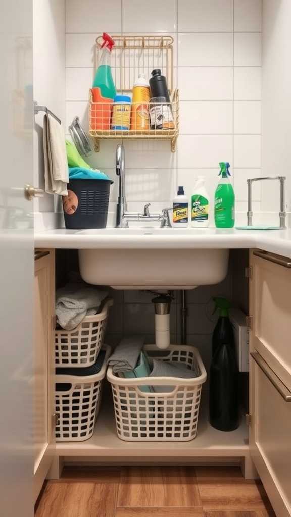 Organized under-sink storage with baskets and cleaning supplies.