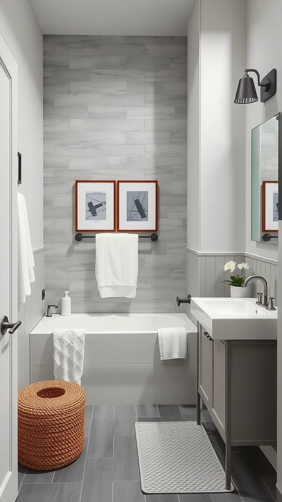 A modern gray and white bathroom featuring a tub, sink, and stylish decor.