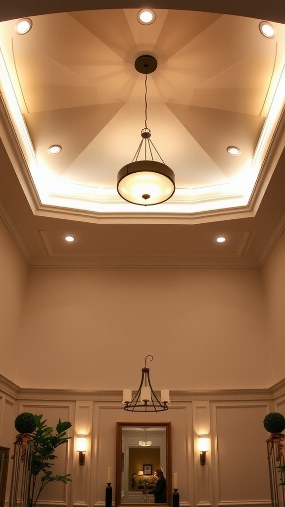 Transitional style lighting in a vaulted ceiling space with a chandelier and recessed lights.